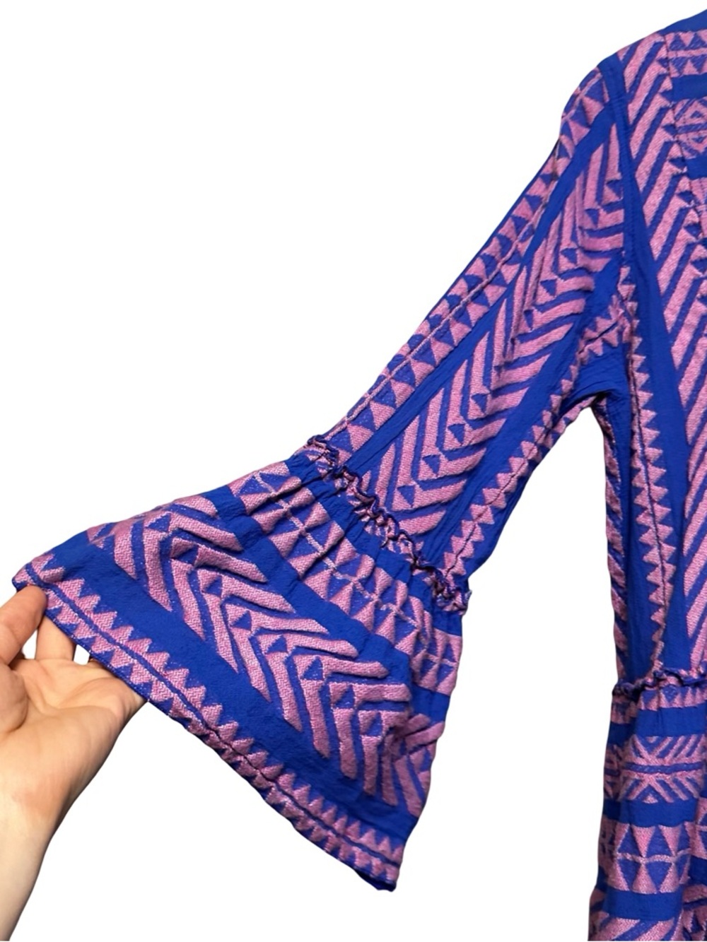 Devotion TWINS Blue Pink Geometric Woven Tier Bell Sleeve Mini Dress Medium - Picture 5 of 12
